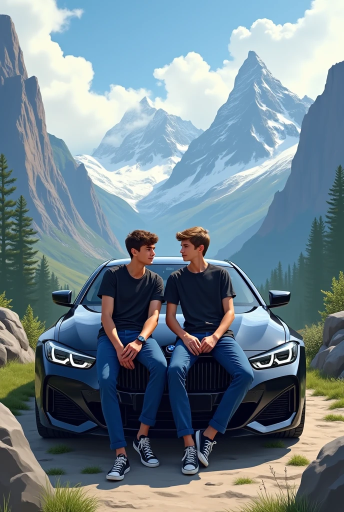 Two best friends setting on a black bmw car 
with black t-shart and   blue pants  both are boy
Between mountain 

