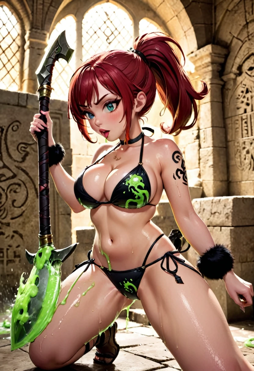 Christina Rene Hendricks (Fantasy warrior, sexy fur bikini, hair up in ponytail, battle axe) in a sexy fighting pose. She is in an ancient crypt, glyphs and slime on walls, confronted by tentacles