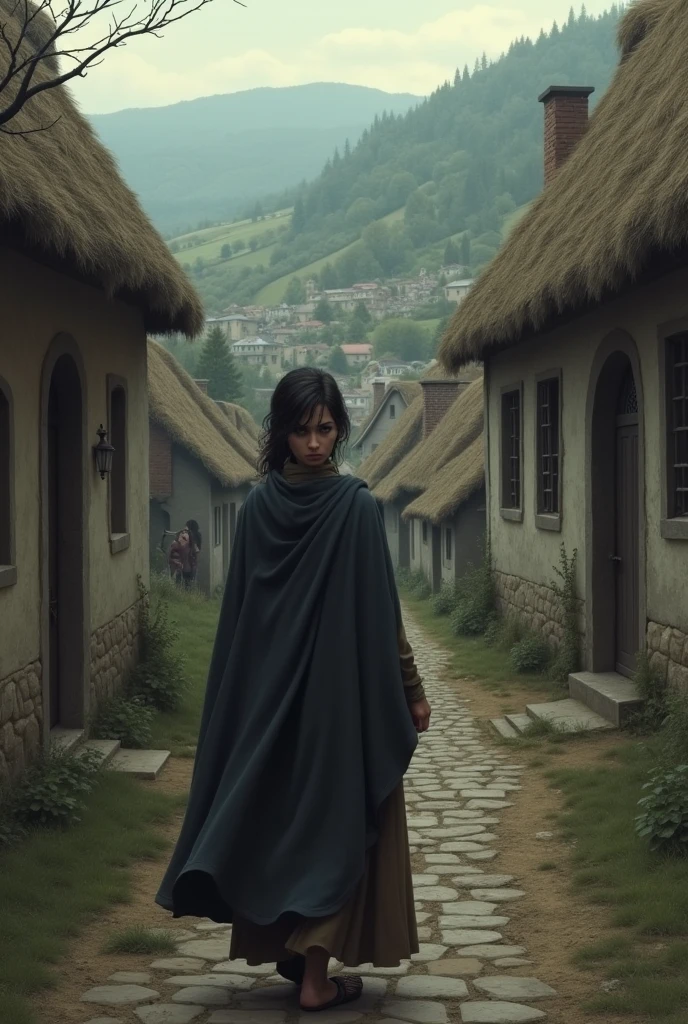 Sad young woman walking away from her village in the middle ages