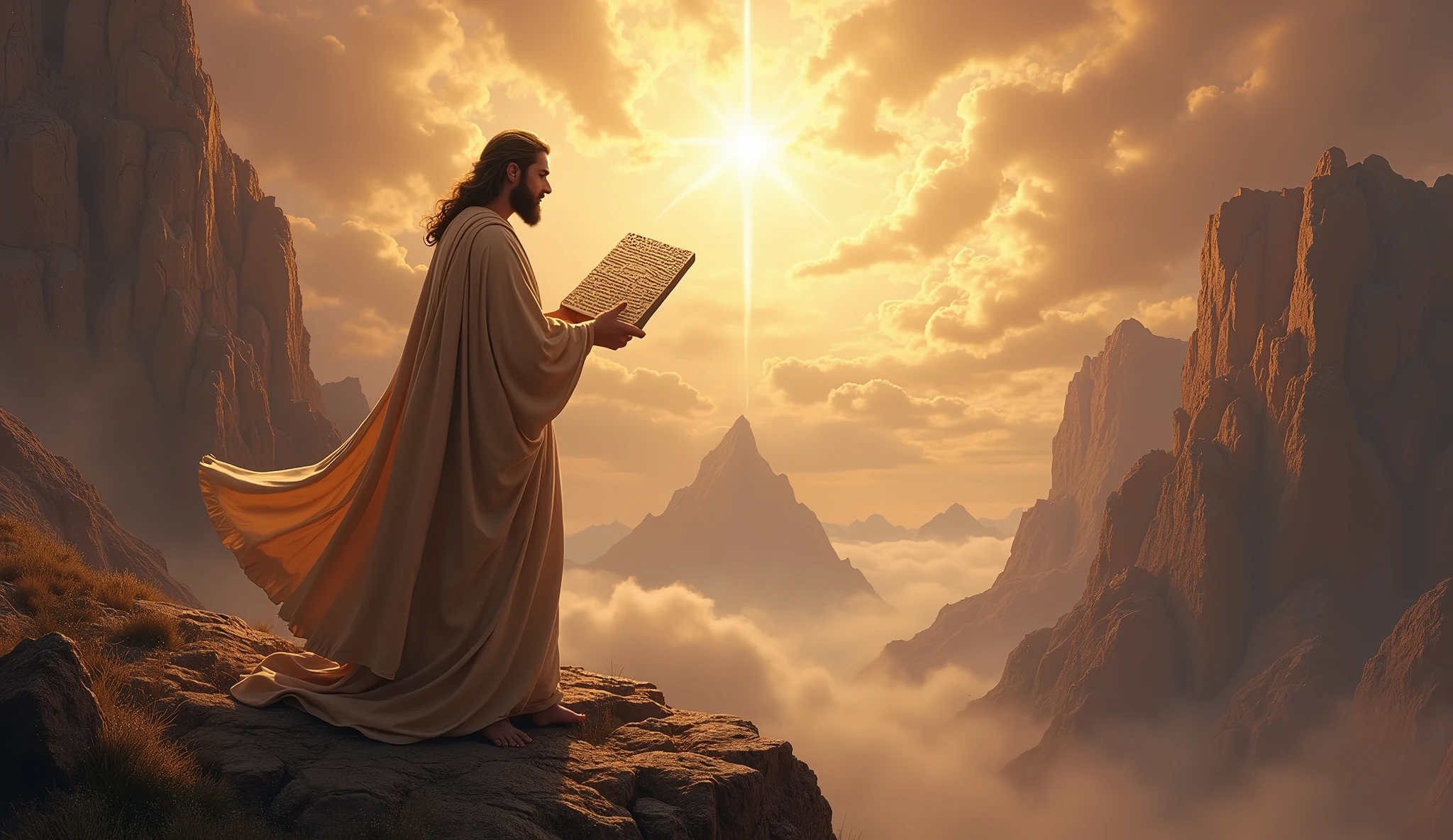Moses on Mount Sinai receiving the commandments written by the finger of God