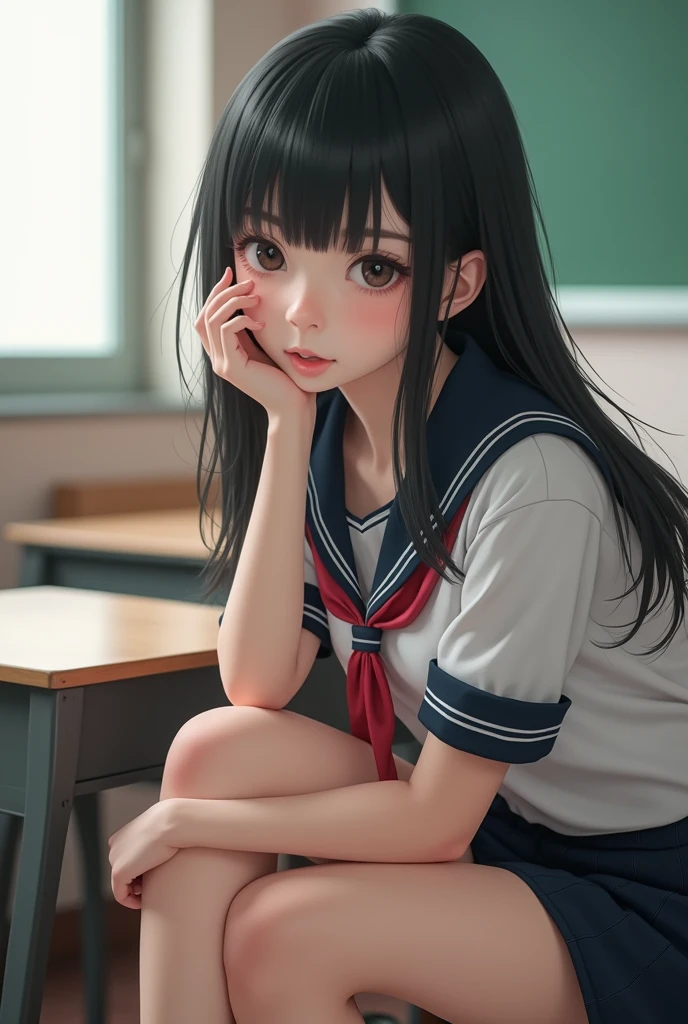 In 8K,highest quality,The true picture,Intricate details,Ultra-high resolution,Depth Field,Masseter region,Natural soft light,Professional Lighting,1 girl,(cute:1.2),Very beautiful 1 girl, ((Beautiful eyes with attention to detail)),(Black Hair),(bangs),Perfect Skin,Shiny skin,Pure white skin,Fine skin, (((Panty flushing)),((Perfect Anatomy,Nice hands,Perfect hands)),Perfect Seduction,Delicate legs,Perfect Proportions,cuteランジェリー,((Japanese Sailor Suit)),((Uniform Mini Skirt)),(tie),Black socks,Chano Leather Shoes,classroom, Tabletop,I can see your crotch,Show me your panties in the street,Sit with your knees raised,Spread your legs in an M shape,((White panties are visible)),Thighs,(Shooting from below:1.5)