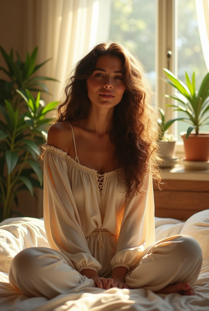 (photorealism:1.2), beautiful woman, sitting on bed, wearing loose off-shoulder top, pajama pants, long curly hair, indoors, soft lighting, plants in background, window with sunlight, cozy room, relaxed pose, realistic, intricate details, warm colors, by Greg Rutkowski, by Alphonse Mucha