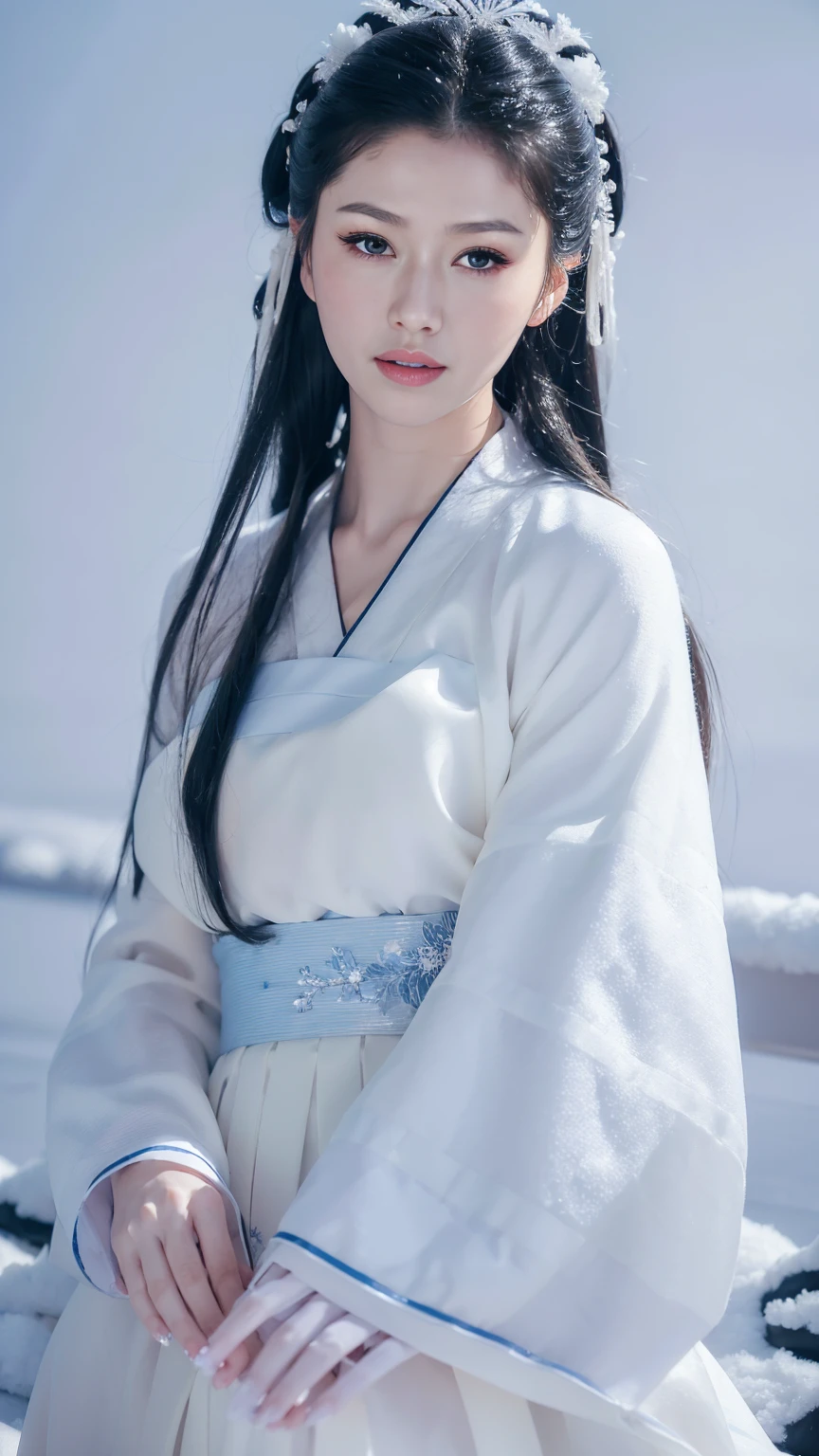 1 Fashion Model [[[[close up]]]], [[[[neck]]]], [[[[Shoulder]]]], (((Complete head)))，(((Complete hairstyle)))，Perfect eyes, Perfect Iris，Perfect lips，Perfect Teeth，Perfect skin，White skin，Soft headlights，High-density imaging，Black long hair，（Clean and delicate face），((Simple white Hanfu))，((Half-length photo))，((White snow))，((winter))，((Various dynamic poses))，((The background is snow and rime))，best quality，masterpiece，（Soft colors：1.2）
