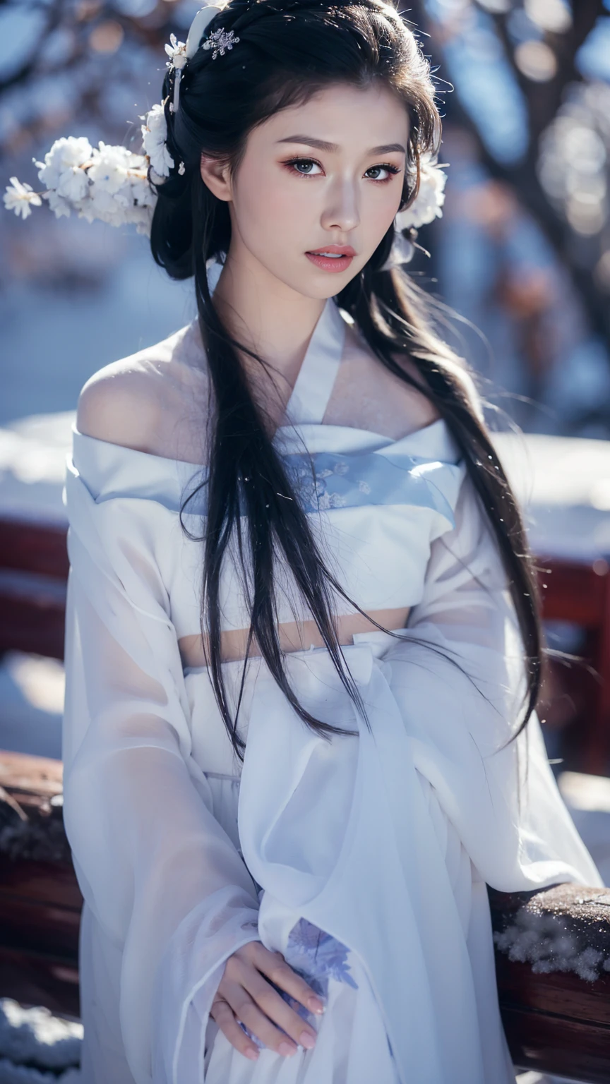 1 Fashion Model [[[[close up]]]], [[[[neck]]]], [[[[Shoulder]]]], (((Complete head)))，(((Complete hairstyle)))，Perfect eyes, Perfect Iris，Perfect lips，Perfect Teeth，Perfect skin，White skin，Soft headlights，High-density imaging，Black long hair，（Clean and delicate face），((Simple white Hanfu))，((Half-length photo))，((White snow))，((winter))，((Various dynamic poses))，((The background is snow and rime))，best quality，masterpiece，（Soft colors：1.2）