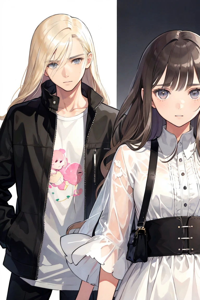 man and woman, couple, love, mature, a cat woman, she has freckles, she has dark brown eyes and an upturned nose, she is happy and smiling, she has long wavy hair, black hair, she is wearing aviator sunglasses with clear lenses in a soft watercolor style. The girl's clothes must be pink, purple, and blue in celebration of the bisexual, with stains of ink and watercolor mixing and filling the scene. he has blonde hair, he is handsome, he is slim. There should be a subtle, nuanced change in colors using the impasto technique with gouache paint. There should be a light rain in the watercolor painting with a little watercolor paper texture and a pastel background.