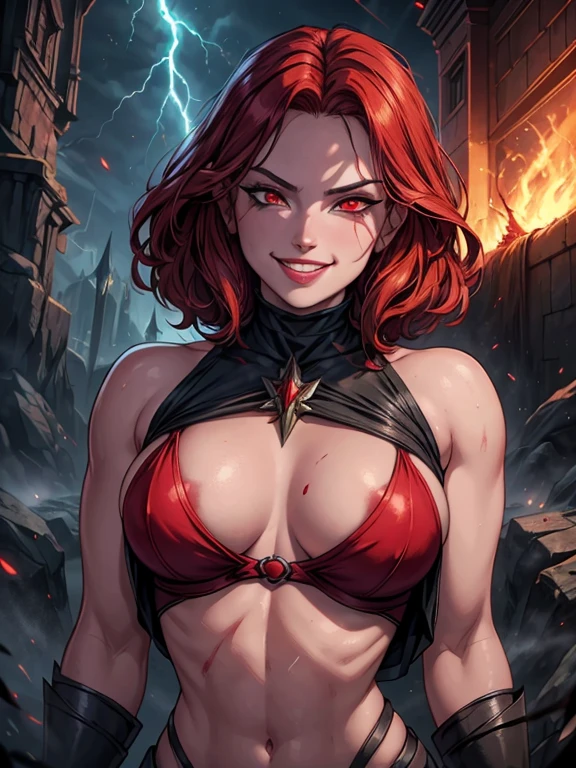 1girl, detailed face, beautiful detailed eyes, beautiful detailed lips, extremely detailed face and eyes, long eyelashes, red eyes, fire witch, blood on face, flying hair, small breasts, cleavage, navel, wide hips, light particles, lightning rays, colorful, high contrast, vampire, smirk, evil smile, psychopathic smirk, psychopathic smile, tilted head, dark fantasy, dramatic lighting, supernatural, moody, cinematic, vibrant colors, volumetric lighting, dramatic atmosphere, intricate details, masterpiece, best quality, 8k, high resolution, hyper detailed, photorealistic