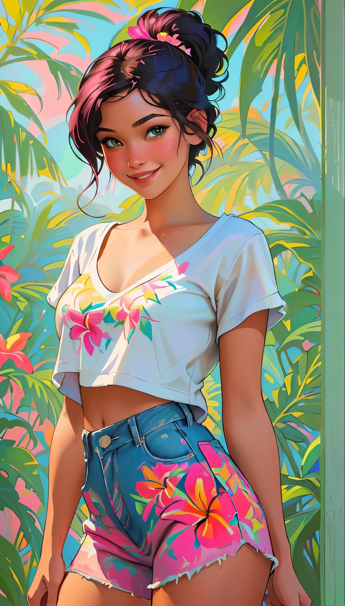 Neo-impressionism expressionist style oil painting. Portrait upper body centered. A young woman wearing a plumeria flower design t-shirt and jean shorts with tropical flowers in her Asian multi-color hair, smiling. smooth post-impressionist impasto texture. Thick layers of colourful textured paint. Vivid hues of pink and green. Illuminated by soft warm sunlight filtering through palm trees. Gentle bokeh blur in the background. 'Adam Hughes'. ' Bethesda Softworks style'. '80s pop art colors'. 'Impressionist'. ' Expressive brushstrokes'. 'Vibrant floral patterns'. 'Youthful energy'. 'Tropical atmosphere'. 'Summer vibes'. 'Dreamy soft focus'. 'Beautiful abstract details'.