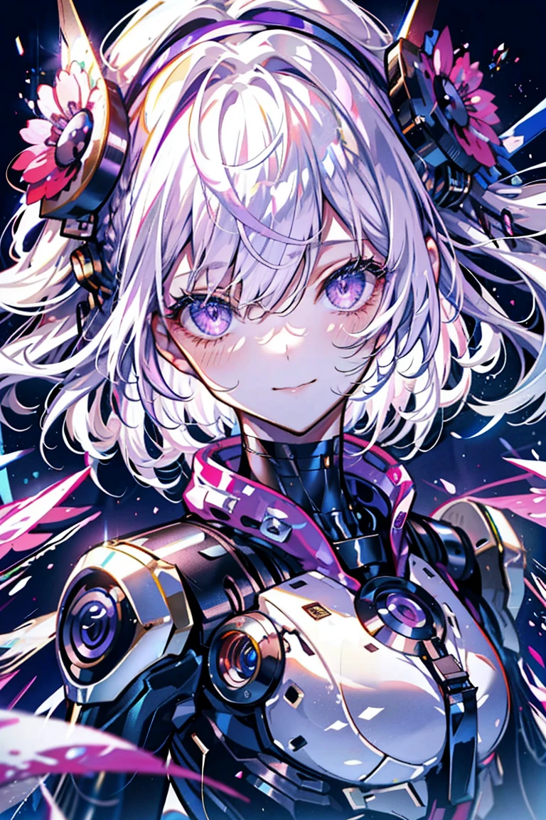 (best quality, Detailed background, high resolution, ridiculous, bloom, disheveled hair, shiny hair, exposed to light, High and cold, Focused and meticulous gaze),Holy girl，粉色hair，Purple Eyes，Smile，1 girl with facial paralysis, earpiece, long hair, silver hair, What's the big deal_Chest, put your arms behind your back, daytime, Outdoor sports, Black Forest, water, Creek,
hair_decorate, (hair over one eye),  whole body, portrait,