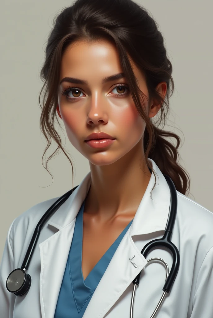Create a drawing realism a half upper shoulder portrait of a doctor, color brown pure, shading, stroke only