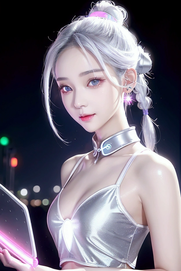 1 woman, Chinese_clothes, liquid silver and pink, Cyber Han, Cheongsam,White bra,White underwear with a bow, cyberpunk city, dynamic gesture, Glowing headphones, glowing hair accessories, long hair, glow earrings, Fluorescent necklace, cyberpunk, เมืองที่มีtechnologyสูง, full of mechanical and of the future elements, of the future, technology, glowing neon, pink, Light blue, Clear tool, Transparent beam, laser, City Sky Digital Background, Big Moon, with vehicles, best quality, Masterpiece, 8ก, Edge of character light, Extremely high detail, High quality, The most beautiful woman in humanity, smile a little, The face faces left and right symmetrically., Ear decoration, Beautiful iris light effect, Image data, I have silver-white hair, Hair is not messy,short hair, Two high bun braids hairstyle, Luminous electronic clock, deep eyes, be happy, English Doodle Writing