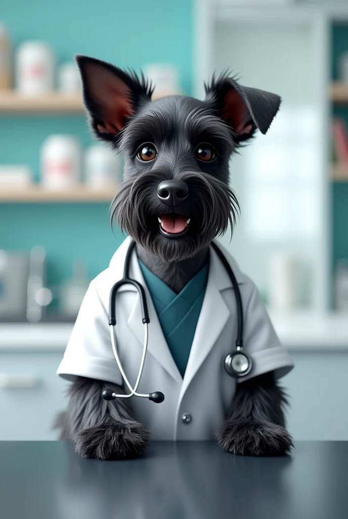 Small black Schnauzer dog wearing a nutrition doctor&#39;s uniform at a clinic 