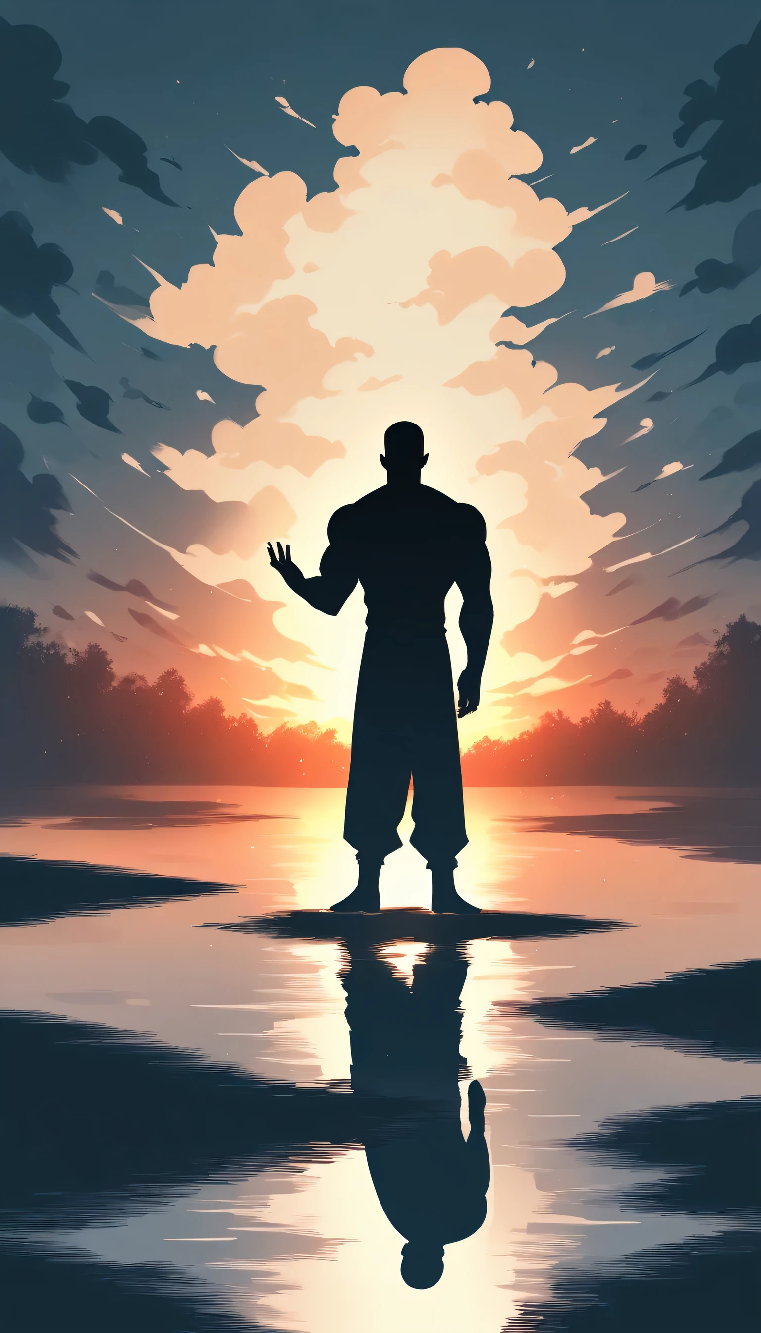 A Strong Buddhist muscular man stands in the smoke, loneliness, Black jumpsuit, Very tight, Silhouette effect, Tall muscular man, Priapus, Dark Black, Dark black skin, Buzz Cut, His muscles are very developed, Very tall, short hair, Blend into the smoke, Lake, Reflection, Sunset, Sunset, Man silhouette, Chinese, black and white, Simple style