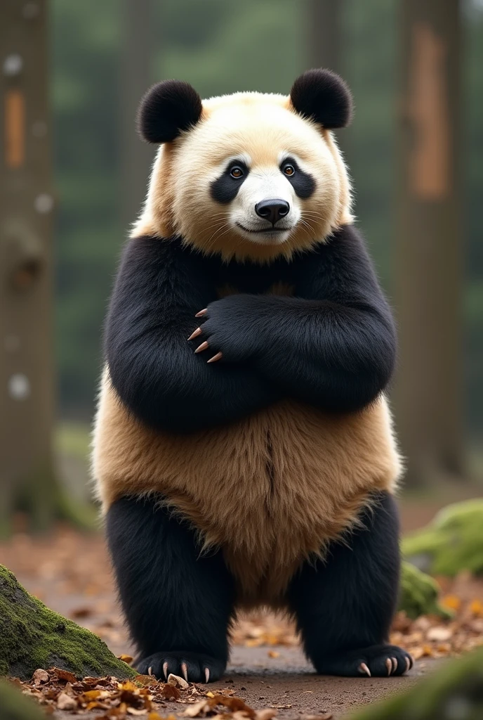 Ultra-realism、masterpiece、Highest quality、Film Grain、Spectacular views、(((Bear、Higuma、zoo、着ぐるみを着た人みたいなBear、Have arms crossed、grin、Standing with your legs apart)))、BREAK、There is a panda behind the bear、far and near methodで後ろにいるPandas are small、The panda is glaring resentfully.、Pandas are small、far and near method