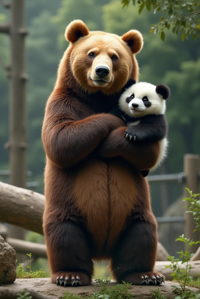 Ultra-realism、masterpiece、Highest quality、Film Grain、Spectacular views、(((Bear、Higuma、zoo、着ぐるみを着た人みたいなBear、Have arms crossed、grin、Standing with your legs apart)))、BREAK、There is a panda behind the bear、far and near methodで後ろにいるPandas are small、The panda is glaring resentfully.、Pandas are small、far and near method