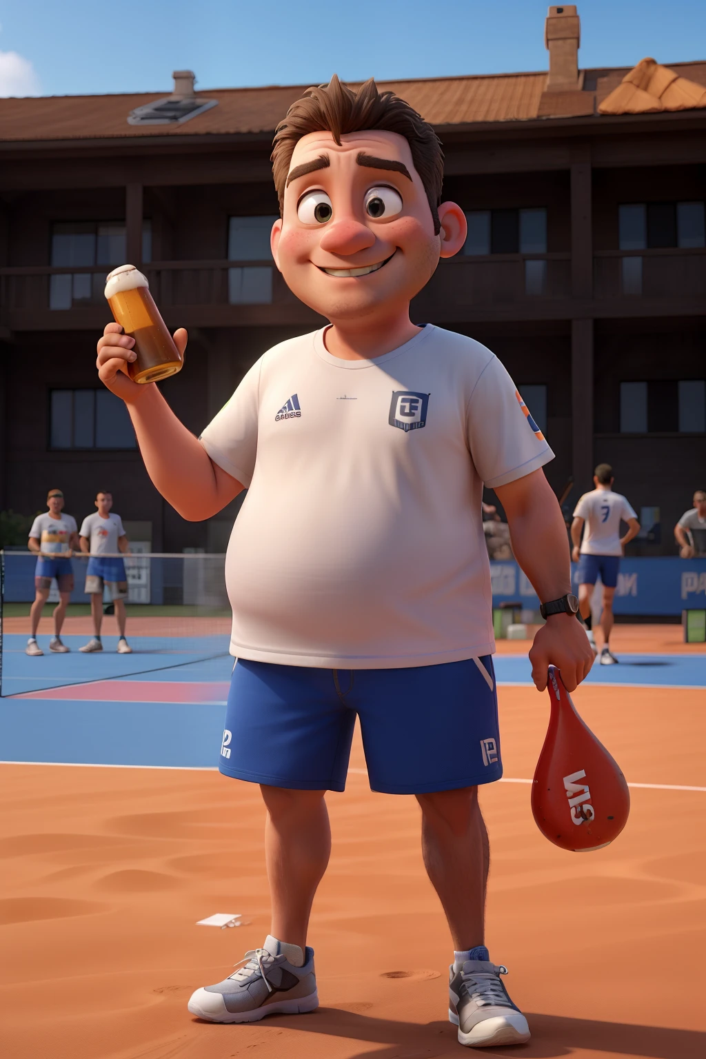 obese .playing padel.l bottles of beer. smiling ,padel court 3d animation