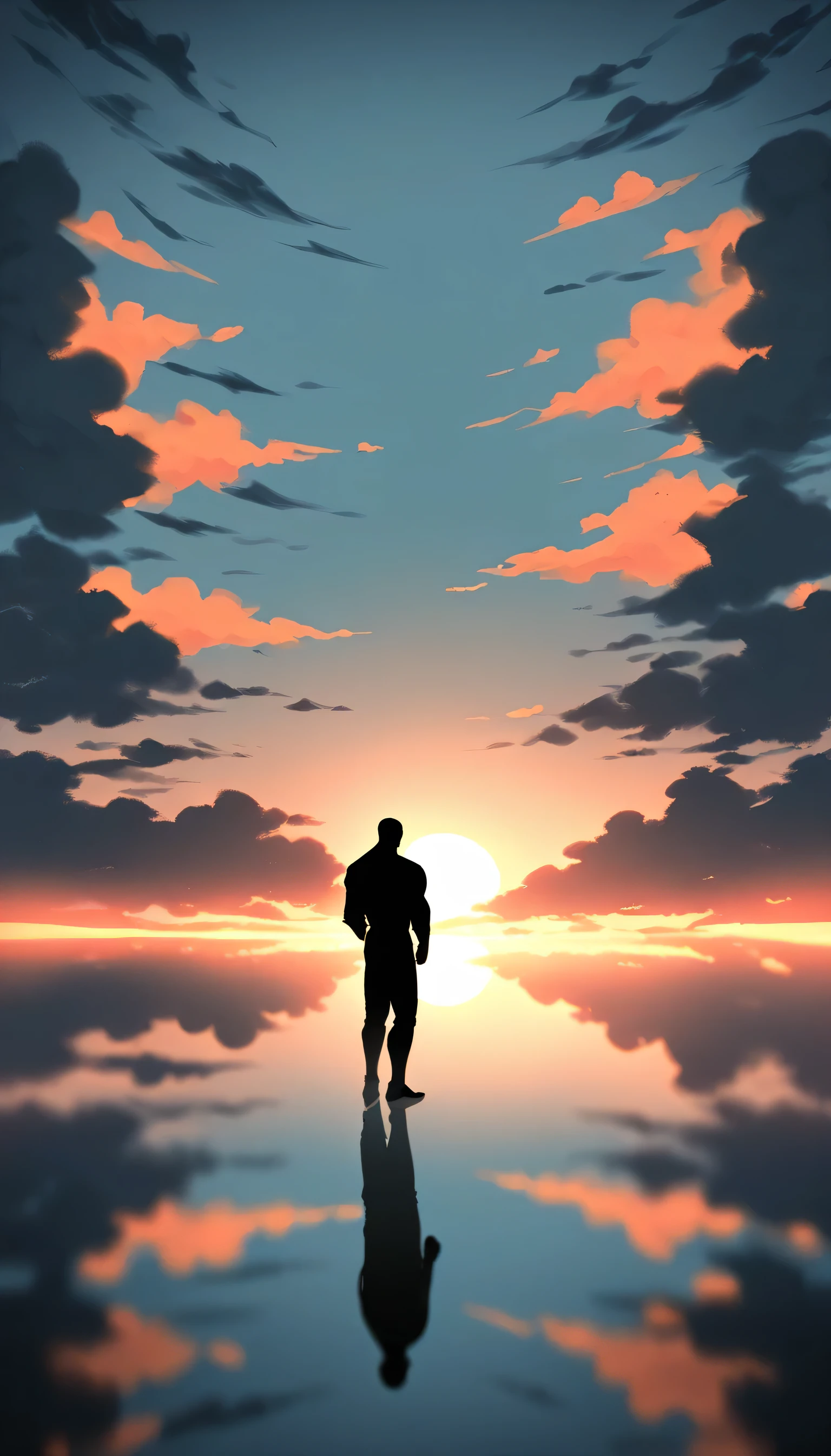 A Strong Buddhist muscular man stands in the smoke, loneliness, Black jumpsuit, Very tight, Silhouette effect, Tall muscular man, Priapus, Dark Black, Dark black skin, Buzz Cut, His muscles are very developed, Very tall, short hair, Blend into the smoke, Lake, Reflection, Sunset, Sunset, Man silhouette, Chinese, black and white, Simple style