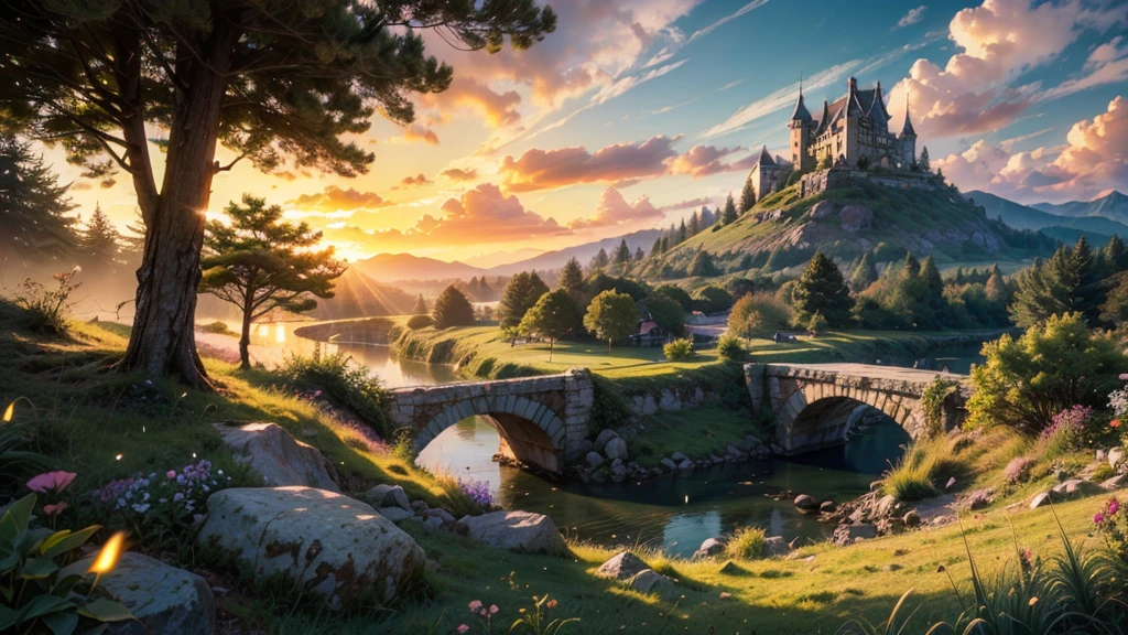 fairytale view with fantasy guard towers on a dramatic mountain range, rocks plants flowers shrubs bushes trees moss stream lawns bridge grass mushrooms fireflies,colourful sunset and strong sunbeams,very hazy,extreme details,photorealistic,4k,HD,beautiful,nature, dreamy, low shot,ground level photo, good luminosity