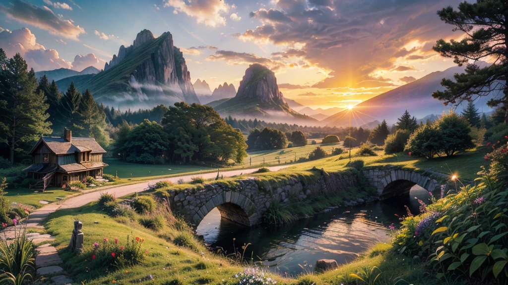 fairytale view with fantasy guard towers on a dramatic mountain range, rocks plants flowers shrubs bushes trees moss stream lawns bridge grass mushrooms fireflies,colourful sunset and strong sunbeams,very hazy,extreme details,photorealistic,4k,HD,beautiful,nature, dreamy, low shot,ground level photo, good luminosity