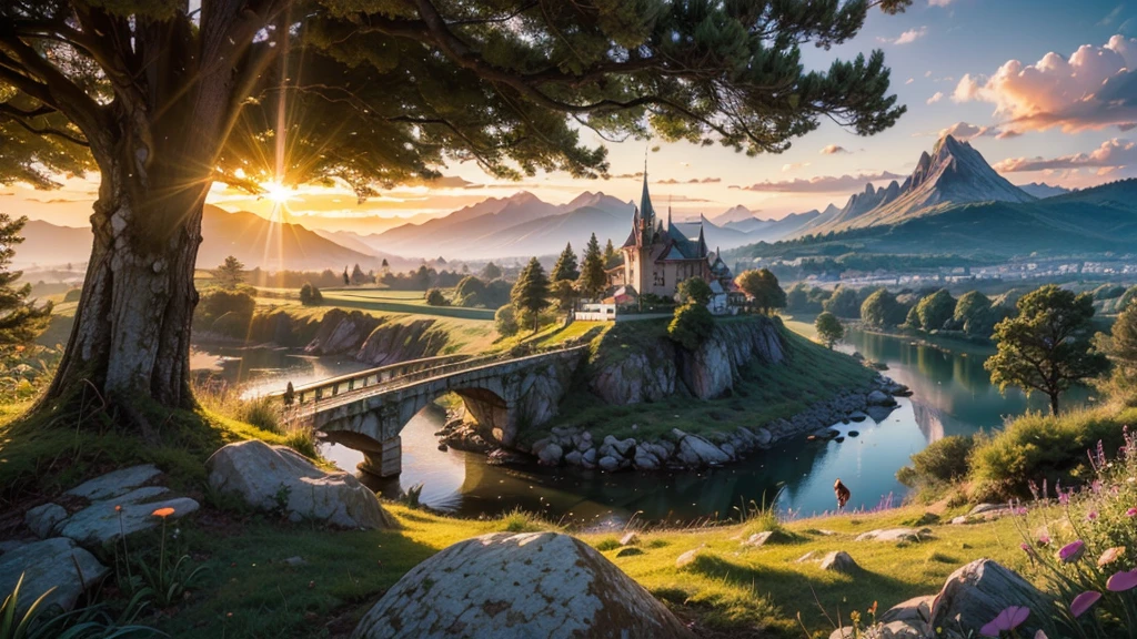 fairytale view with fantasy guard towers on a dramatic mountain range, rocks plants flowers shrubs bushes trees moss stream lawns bridge grass mushrooms fireflies,colourful sunset and strong sunbeams,very hazy,extreme details,photorealistic,4k,HD,beautiful,nature, dreamy, low shot,ground level photo, good luminosity