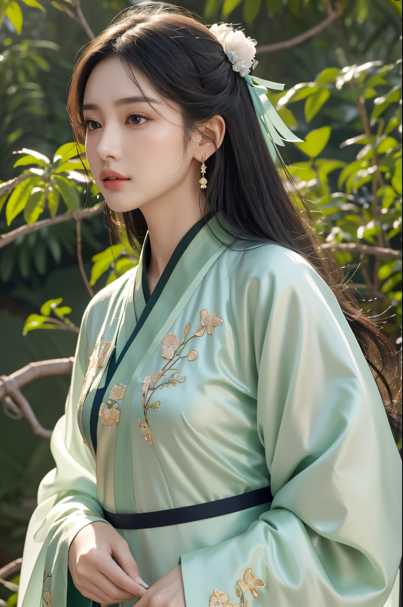 It's Anastasia, endless realism,(masterpiece,top quality,best quality),(1 girl solo:1.3,Close-up of face,upper body), (Gentle eyes),(Green embroidered Hanfu,Tulle streamers),(hairpin,Black long hair),(Green Hanfu),Light pink lips,(young),earrings,(Clear facial features,Delicate skin texture,Pretty Face,Facial highlights,Above the waist), stand up,fit,8K 超HD,SLR,Soft lighting,HD,high resolution,(Highly detailed CG Unity 8k wallpaper)