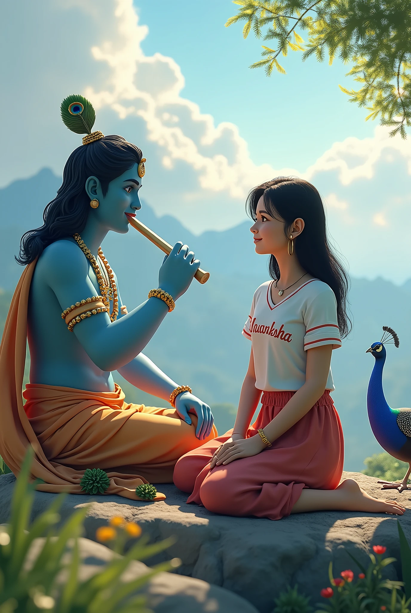 "A serene 3D rendered scene depicting a 20-year-old Indian girl named Priya sitting next to Lord Krishna on a mountain. Krishna is playing his divine flute. Priya wears a t-shirt with her name 'Akanksha' prominently displayed, ensuring the text is spelled correctly. They are surrounded by a heavenly, breathtaking background view. A peacock dances nearby, adding to the magical atmosphere. The image should have a realistic style, with attention to detail. Priya is barefoot, emphasizing her connection to nature."