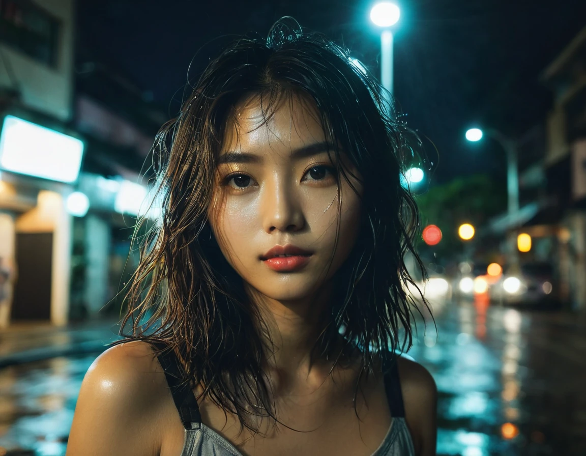 1人of,alone,Long Hair,Rough skin,(Viewer:1.2),Wet Hair,micro_Shorts,dark,Polaroid,(depth_of_Field:1.5),雨of日,Outdoor,street,目of間of毛,dark照明,Effect Tyndall, Cinema Lighting, night, lamp post, Lens flare, Available Lights, Rim Light, Neon Light, bent, Indonesian Style,