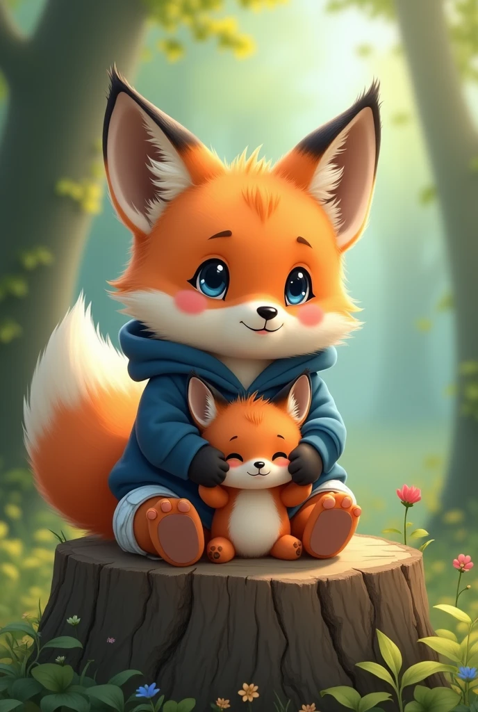 A cute little fox with blue eyes and a dark blue hoodie. the fox is wearing a diaper. The picture looks like the work of the Makoto Shinkai. the fox is sitting in the forest on top of a tree stump, the fox is blushing and is happy. The fox is holding a fox stuffed animal. Fox is small, lovely, cute and happy. masterpiece, best quality