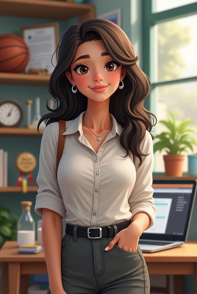 teenager, with dark brown hair, dark brown eyes, wavy hair, hair a little longer than shoulder length, not so skinny, White skin, 1.65cm tall, not so skinny pero tampoco gorda, somewhat round face, small nose and mouth, eyes not a little Chinese but big. Include something related to excel in the background, basketball, programming, chemistry, and study and win medals or competitions. cheered up. CLOTHES: grey formal dress pants, button down dress blouse, black belt, silver earrings and rings. that looks young, study high school.