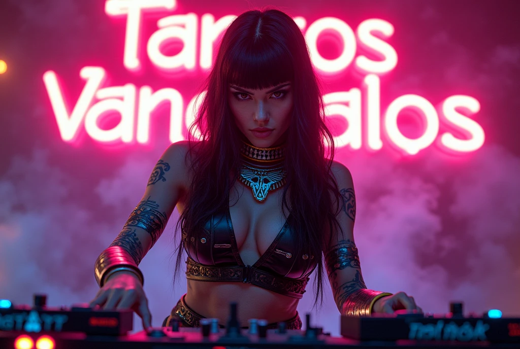 Futuristic female DJ She has an "Eye of Horus" egipcian tattoo on her neck, Add a bold, neon "Tangos Vandalos" sign in the scene.