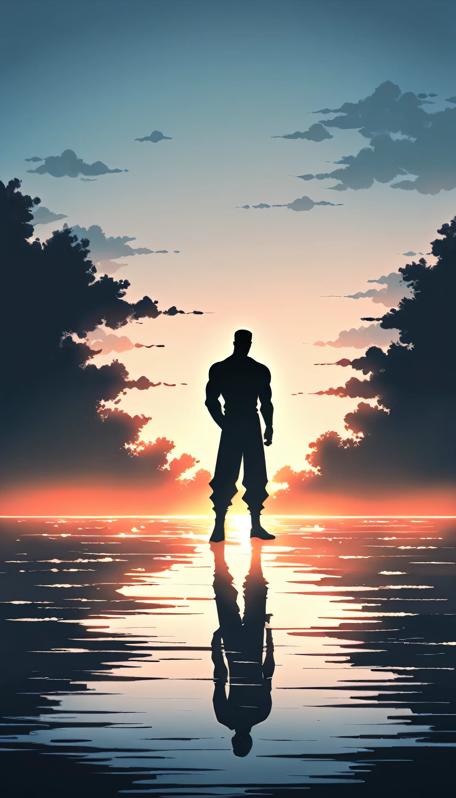 A Strong Buddhist muscular man stands in the smoke, loneliness, Black jumpsuit, Very tight, Silhouette effect, Tall muscular man, Priapus, Dark Black, Dark black skin, Buzz Cut, His muscles are very developed, Very tall, short hair, Blend into the smoke, Lake, Reflection, Sunset, Sunset, Man silhouette, Chinese, black and white, Simple style