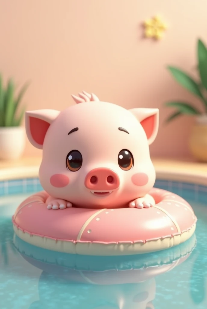 3d, Simple and cute, With gentle colors like a picture book , 8k, Highest quality,cute,Big anime eyes,Cute little pig on a swimming ring.,mascot