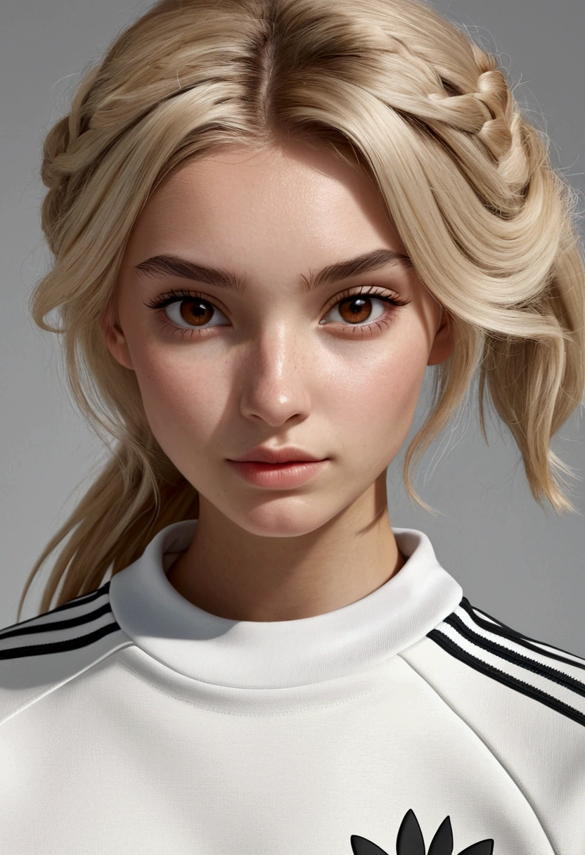 Blonde girl white skin brown eyes in Adidas sweatshirt posing for a photo in