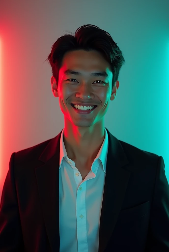 A young man with dark hair and a confident smile. He is dressed in a black blazer over a white shirt. The man is positioned against aqua colour backdrop with a subtle red lighting on the left side. and he posing for Linkedin profile