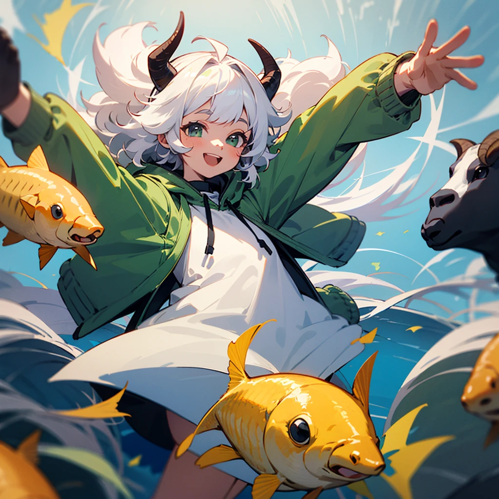 Very happy girl with her arms outstretched, with a green and white short hooded jacket, with goat horns and white afro hair, with fisheye perspective and in 3/4
