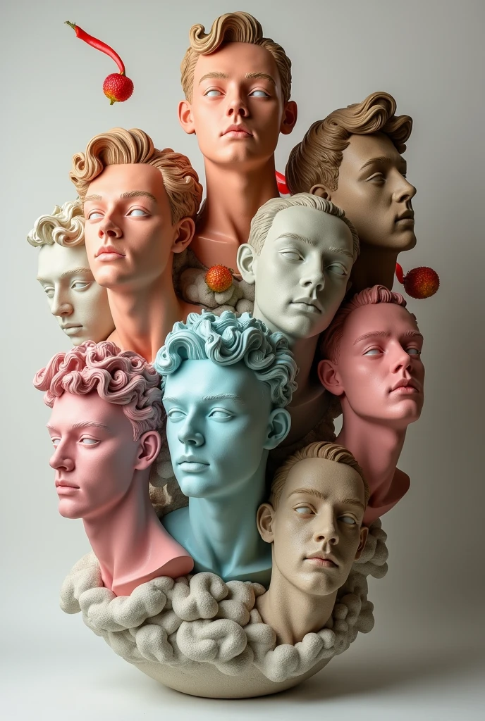 Expressionist artwork images of multiple floating ceramic heads of transgender men, 3d collage style, make it weird and gallery worthy
