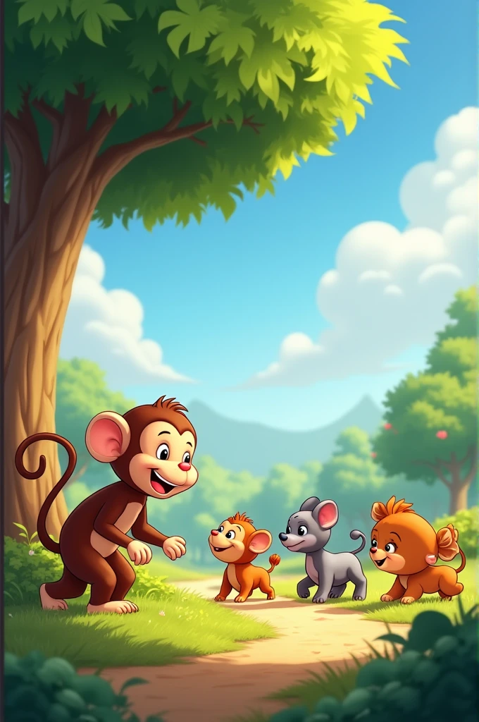 /imagine Happy Monkey Living Peacefully:

"A joyful village scene where the monkey is now playing happily with other animals. They are all interacting peacefully under a big tree, with a clear blue sky and warm sunlight. The monkey looks content and friendly, reflecting his change of heart, --3:2