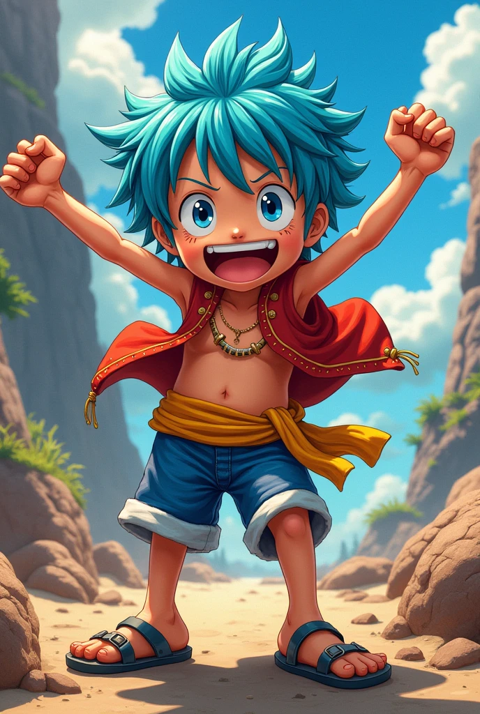 A character in the style of one piece, with short blue hair