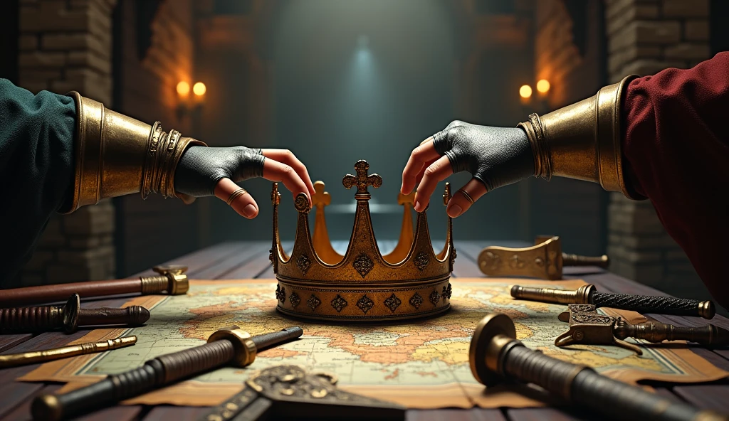 Illustrate a dramatic scene centered around a medieval crown placed prominently on a table covered with a detailed map of Europe. Surrounding the crown, display various medieval weapons such as swords, maces, and shields, scattered or neatly arranged to emphasize the theme of conflict and power. Two hands, one from each side, are reaching out towards the crown, symbolizing a struggle for dominance. The hands should be clad in gauntlets or gloves, reflecting the era's armor. The background can feature a dimly lit, medieval chamber with stone walls and flickering torchlight to enhance the atmosphere of tension and ambition, highlighting the intense competition for control and authority., Surrealism, Hyperrealism, UHD, retina, masterpiece, accurate, anatomically correct, textured skin, super detail, 16k