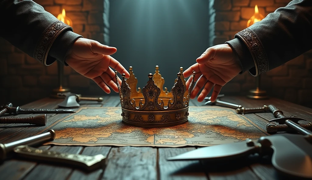 Illustrate a dramatic scene centered around a medieval crown placed prominently on a table covered with a detailed map of Europe. Surrounding the crown, display various medieval weapons such as swords, maces, and shields, scattered or neatly arranged to emphasize the theme of conflict and power. Two hands, one from each side, are reaching out towards the crown, symbolizing a struggle for dominance. The hands should be clad in gauntlets or gloves, reflecting the era's armor. The background can feature a dimly lit, medieval chamber with stone walls and flickering torchlight to enhance the atmosphere of tension and ambition, highlighting the intense competition for control and authority., Surrealism, Hyperrealism, UHD, retina, masterpiece, accurate, anatomically correct, textured skin, super detail, 16k