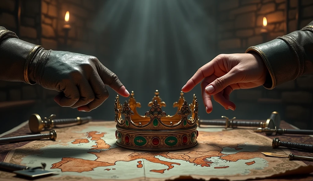 Illustrate a dramatic scene centered around a medieval crown placed prominently on a table covered with a detailed map of Europe. Surrounding the crown, display various medieval weapons such as swords, maces, and shields, scattered or neatly arranged to emphasize the theme of conflict and power. Two hands, one from each side, are reaching out towards the crown, symbolizing a struggle for dominance. The hands should be clad in gauntlets or gloves, reflecting the era's armor. The background can feature a dimly lit, medieval chamber with stone walls and flickering torchlight to enhance the atmosphere of tension and ambition, highlighting the intense competition for control and authority., Surrealism, Hyperrealism, UHD, retina, masterpiece, accurate, anatomically correct, textured skin, super detail, 16k