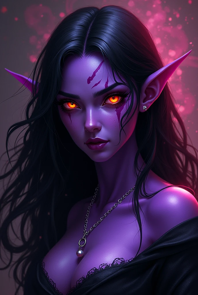 Fazer imagem de uma personagem tiefling feiticeira de d&d, purple skin, with a scar on her face, long black hair, fire colored eyes, infernal aura and frightening appearance with a silver necklace with a very small, slightly pink pearl inside the necklace, stylish clothes