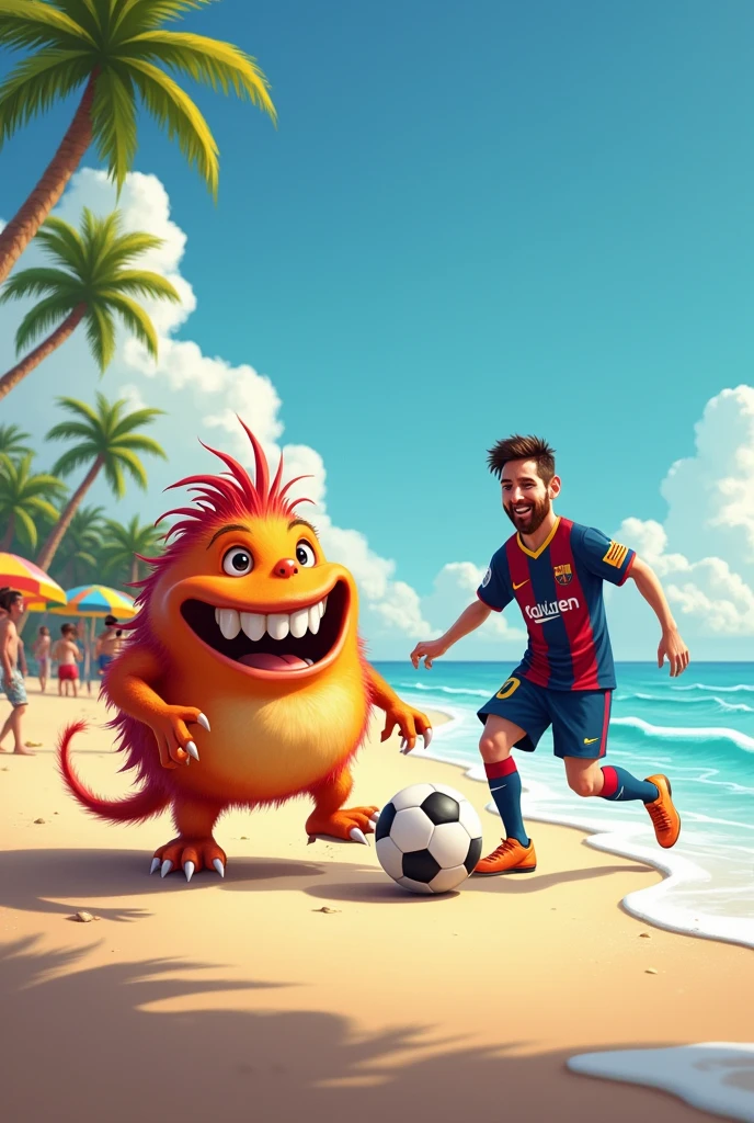 Could you create an image of a friendly monster playing soccer with Messi on a beach?