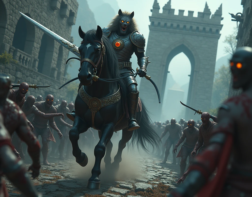 A Lion Warrior, riding his black horse , crossing a bridge full of zombies
