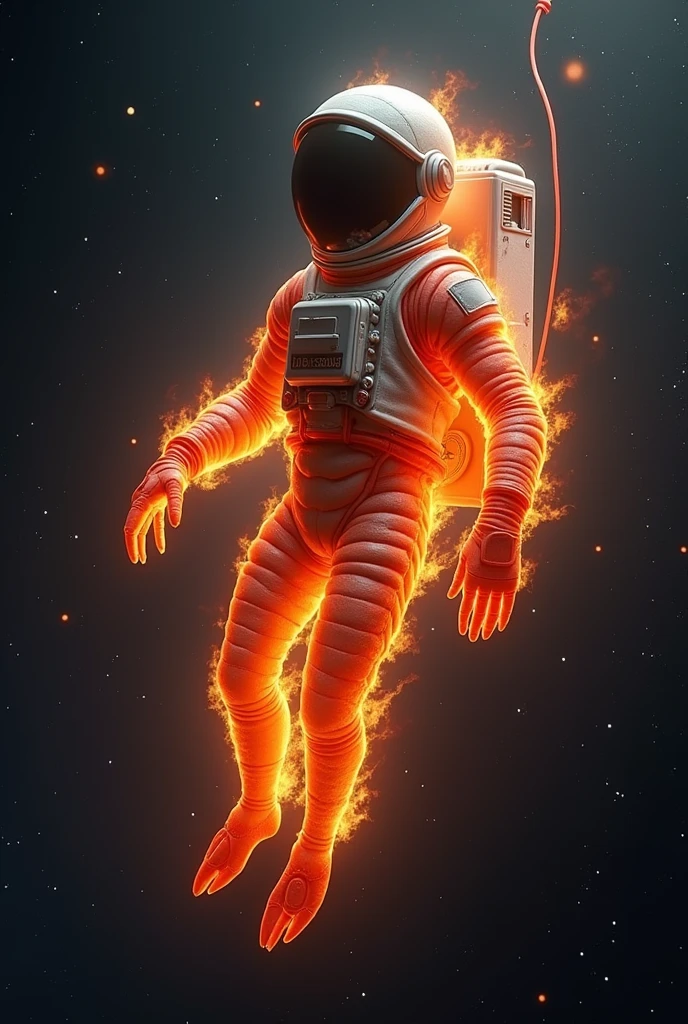 Shrimp on fire floating in space in a spacesuit