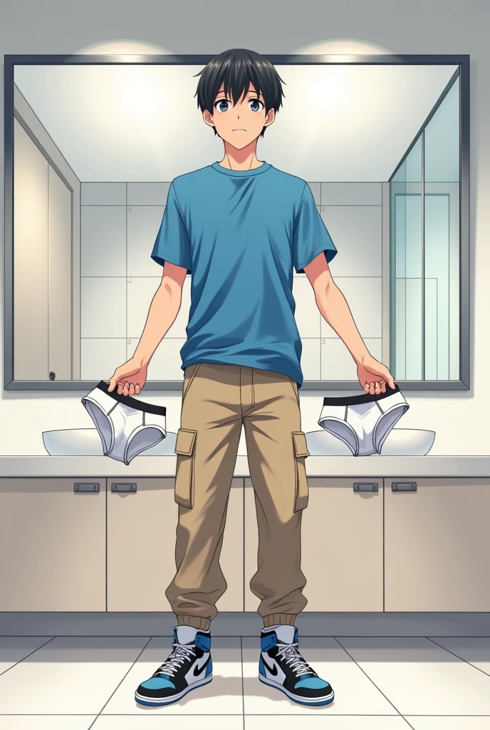 into the image, a cool male teenager with 1,80 tall, with white skin and straight black hair, is posing in a bathroom. He wears a blue t-shirt and beige cargo pants., complemented by a pair of Air Jordan sneakers in blue, black andwhite. The young man is holding a pair of underwear (of the boxer model), this underwear is white (of the size he uses) with both hands, showing it to the "Camera", with a happy and relieved expression. The bathroom in the background is modern and minimalist., with details like a large mirror and light tiles. The teenager&#39;s expression is relaxed and fun, besides him appearing relieved, giving a casual and informal tone to the image, In anime style, ele segura uma 1 cueca of the boxer model de tamanho que esse adolescente usa, He&#39;s not wearing any underwear and looks like he just took it off.!
