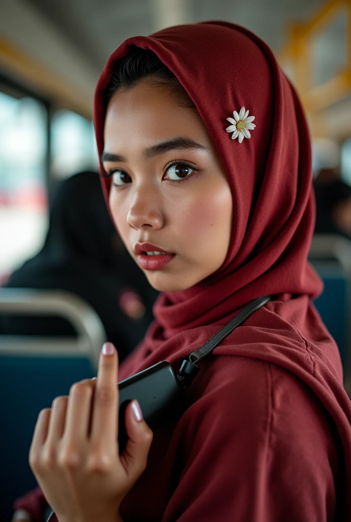 Hijab , portrait half body shoot 1:2 , holding big dick. Pov view. Dominance smile. Perfect theeth.shoot by canon r6 Godox v1 Speedlite. Lace hijab. Wear minimalist flower red hijab. ((Holding big dick)). Girl average 49. Samo matang skin. Upturned eyes. Heavy make up. Perfect hijab((.chinese eyes)) in bus background.pink lips, snube nose big. Beautiful eyesbrow, long lashes. Brown hazel eyes.. chubby face. Indonesia girl nose. Hidung pesek. small pimple lot on skin. Dry skin. Very cute. Big lips heart shape lips