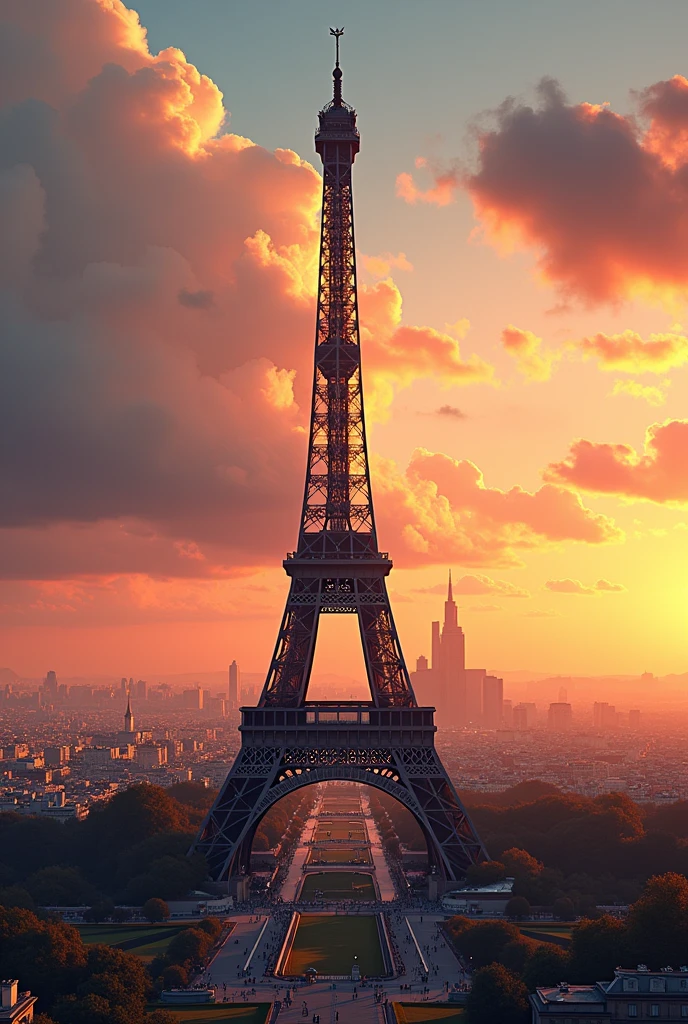 a beautiful detailed illustration of the Eiffel Tower in Paris, intricate metalwork, romantic cityscape, dramatic lighting, warm golden hour colors, cinematic atmosphere, dramatic skies, elegant architecture, historical landmark, iconic structure, breathtaking view, (best quality,8k,highres,masterpiece:1.2),ultra-detailed,(realistic,photorealistic,photo-realistic:1.37),cinematic lighting,dramatic clouds,stunning sunset colors,architectural detail,cityscape,historically accurate,elegant structure