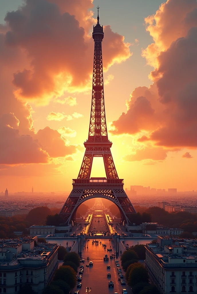 a beautiful detailed illustration of the Eiffel Tower in Paris, intricate metalwork, romantic cityscape, dramatic lighting, warm golden hour colors, cinematic atmosphere, dramatic skies, elegant architecture, historical landmark, iconic structure, breathtaking view, (best quality,8k,highres,masterpiece:1.2),ultra-detailed,(realistic,photorealistic,photo-realistic:1.37),cinematic lighting,dramatic clouds,stunning sunset colors,architectural detail,cityscape,historically accurate,elegant structure
