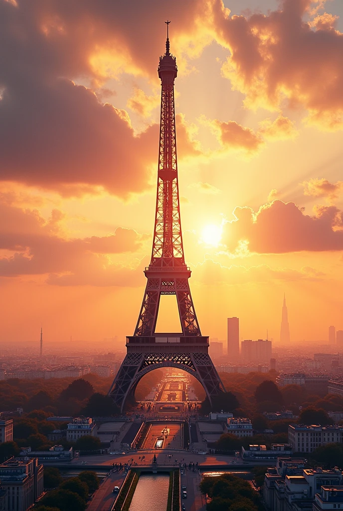 a beautiful detailed illustration of the Eiffel Tower in Paris, intricate metalwork, romantic cityscape, dramatic lighting, warm golden hour colors, cinematic atmosphere, dramatic skies, elegant architecture, historical landmark, iconic structure, breathtaking view, (best quality,8k,highres,masterpiece:1.2),ultra-detailed,(realistic,photorealistic,photo-realistic:1.37),cinematic lighting,dramatic clouds,stunning sunset colors,architectural detail,cityscape,historically accurate,elegant structure