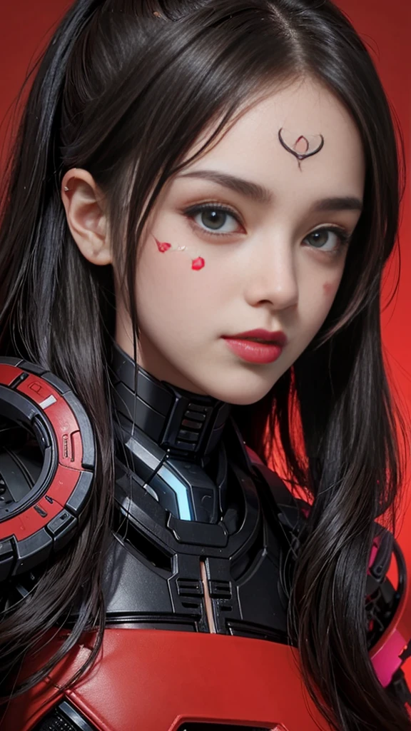 close-up, face of a beautiful teenage girl, with cybernetic parts on her face, tattoos, red background, tongue out